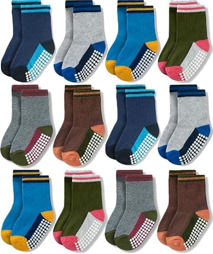 JAKIDAR 12 Pack Baby Toddler Socks Non Slip Grip Cotton Crew Socks for Boys Girls Infants Kids, Multicolor Block, 2-4T