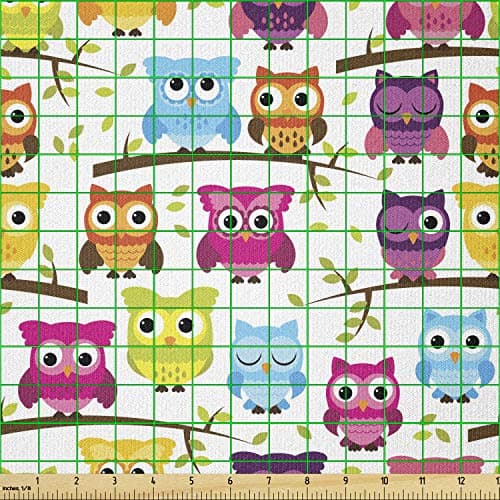 Lunarable Owls Fabric by The Yard, Owls in The Forest Woodland Celebration Friendship Togetherness Themed Artwork Print, Stretch Knit Fabric for Clothing Sewing and Arts Crafts, 1 Yard, Green Magenta