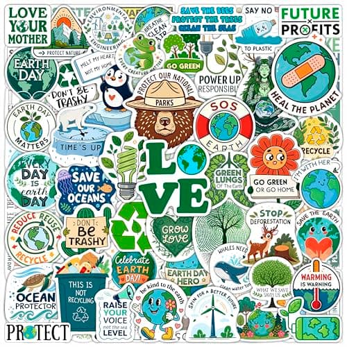 100Pcs Environmental Stickers for Water Bottle and Laptop - Earth Day Stickers Bulk - Еnvironmentalist Gifts - Environmental Party Supplies - Earth Day Decorations - Gifts for Women & Men