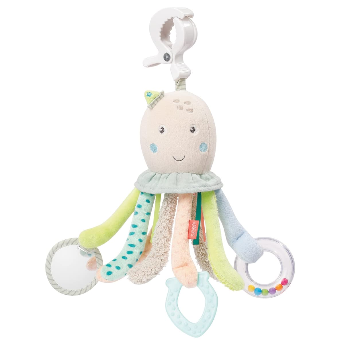 Fehn pulpo de actividades - juguete para desarrollar la motricidad para cochecitos, cunas y sillas de bebé - para morder, agarrar y hacer ruido - Para bebés y niños pequeños a partir de 0 meses