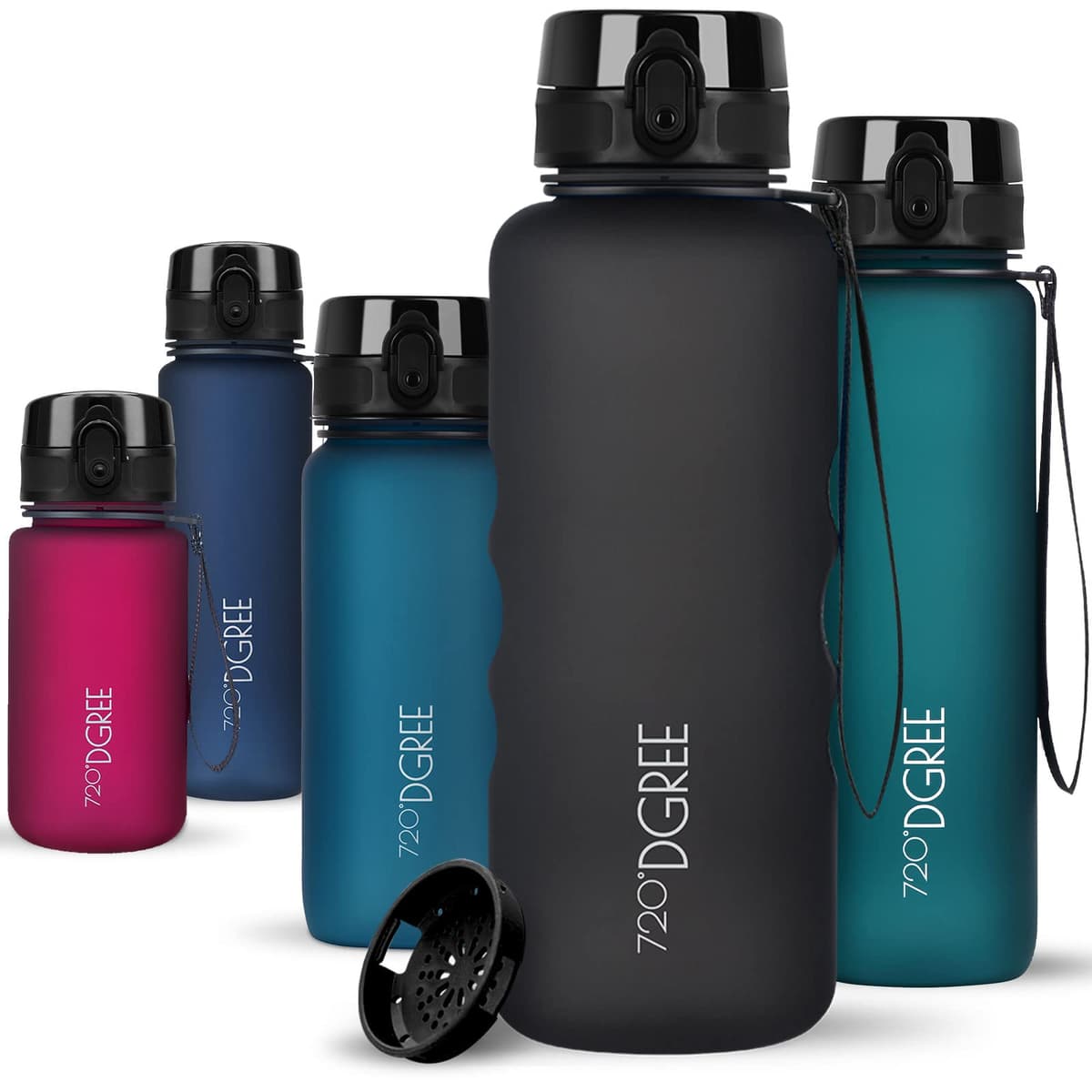 720°DGREE Botella uberBottle + colador – 350 ml, 500 ml, 650 ml, 1000 ml, 1,5 l, 2 l – Sin BPA – Botella de agua para deportes, escuela, niños, fitness, gimnasio, bicicleta, exterior – ligera
