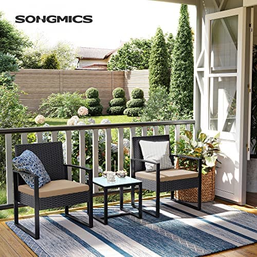 SONGMICS 3-Piece Patio Set Outdoor Patio Garden Furniture Sets, PE Rattan, Outdoor Seating for Bistro Front Porch Balcony, Easy to Assemble, 2 Chairs and 1 Table, Black and Beige UGGF010WZ05