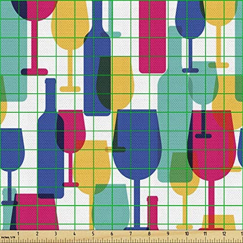 Lunarable Winery Fabric by The Yard, Cocktail Glasses and Wine Bottles Pattern Bar Menu Party Alcohol Drinks, Decorative Fabric for Upholstery and Home Accents, 1 Yard, Magenta Navy