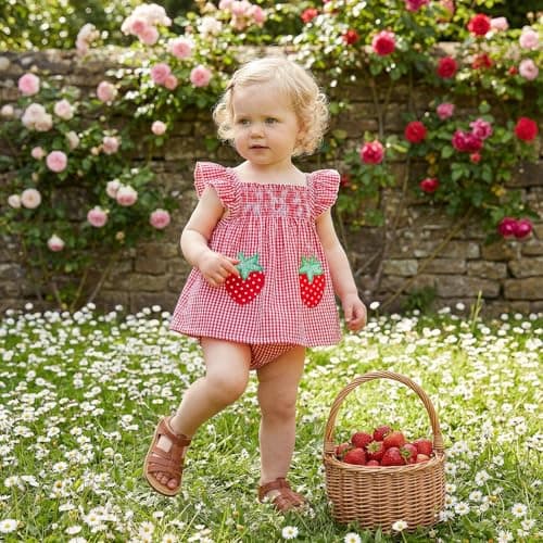 Baby Girl Summer Clothes Strawberry Cherry Ruffle Dress Tops Shorts Sets Bow Flower Bloomers Infant Newborn Outfit (03 Strawberry Red, 12-18 Months)