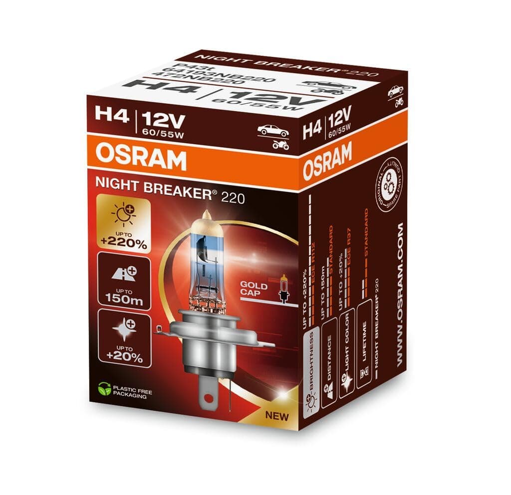 OSRAM NIGHT BREAKER 220, H4, +220% more brightness, halogen headlight lamp, 64193NB220, Folding Box (1 lamp)