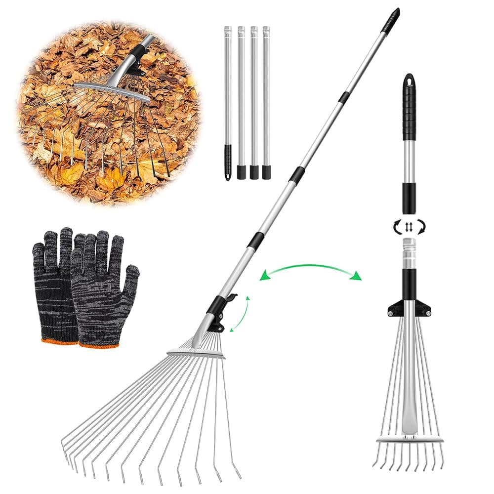 Adjustable Leaf Rake with 215 cm Handle, Adjustable Leaf Rake, Garden Rake with Handle for Leaves, Rake for Cleaning Plants, Lawn and Patio