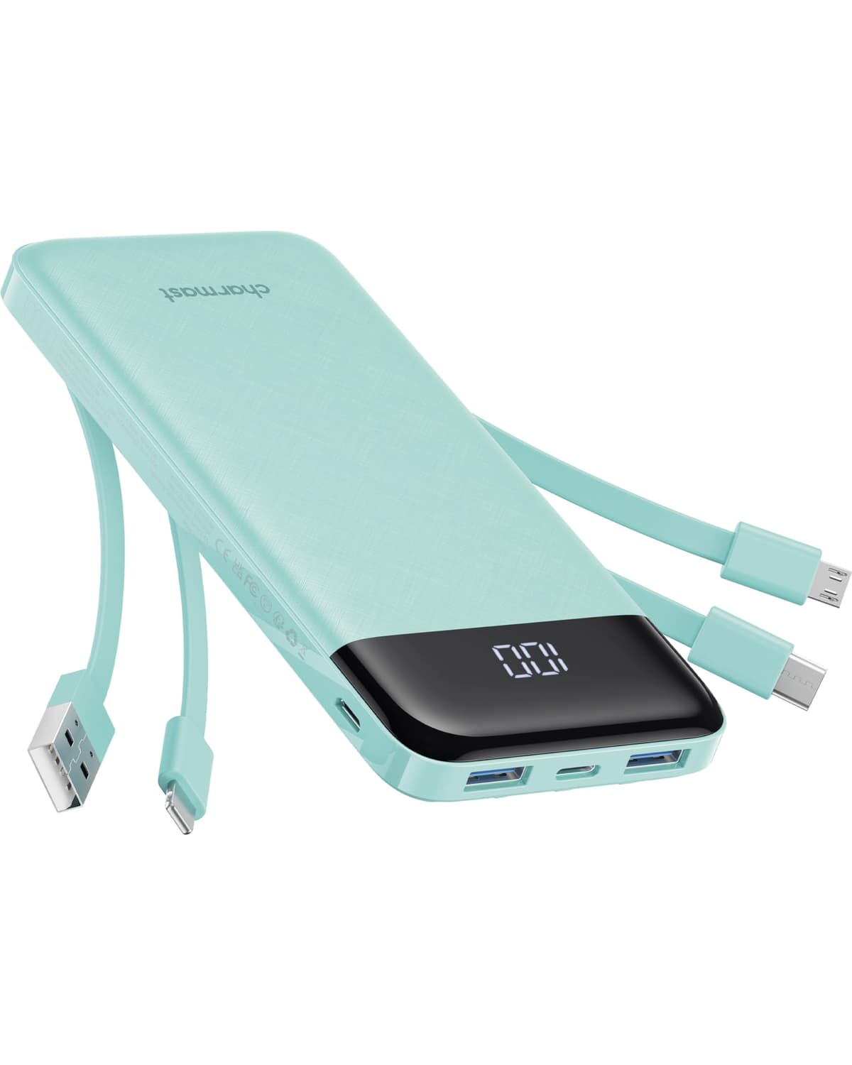 Charmast Power Bank with Built in Cables X 4, 10000mAh USB C Battery pack 6 Outputs 3 Inputs with LED Display Type C Powerbank Portable Charger Compatible with Smartphones Tablets and More