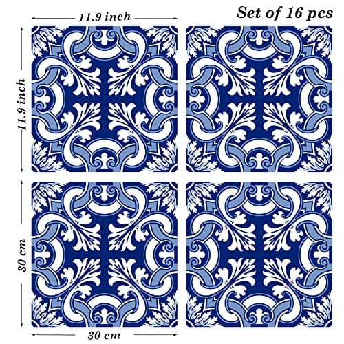 Poromoro Spanish Portuguese Azulejo Style Peel and Stick Backsplash Tile Stickers Set of 16 pcs (11.9, 15)