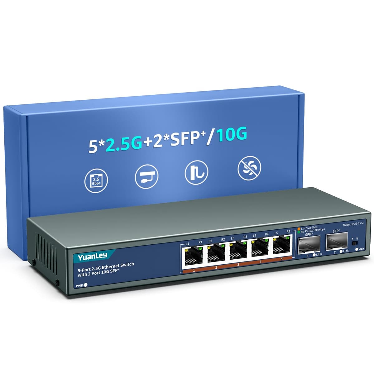 7 Puertos 2.5G Switch Ethernet Umanaged, 5 Puertos 2.5G Base-T, 2 Puertos 10G SFP, Compatible 10/100/1000Mbps, Fanless Pared Conmutador de Red YuanLey 2.5Gbe para Ap Inalámbrico, NAS, PC