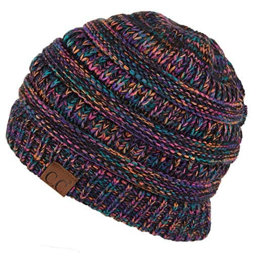 C.C Soft Stretch Cable Knit Messy Bun Ponytail Beanie Winter Hat (MB-816A) (Black Multi(32))