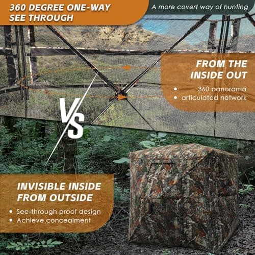 FUNHORUN Hunting Blind with Floor Mat, 360 Degree See Through Ground Blind for Deer/Turkey Hunting, 3/4 Person Pop Up Camouflage Tent with Carrying Bag