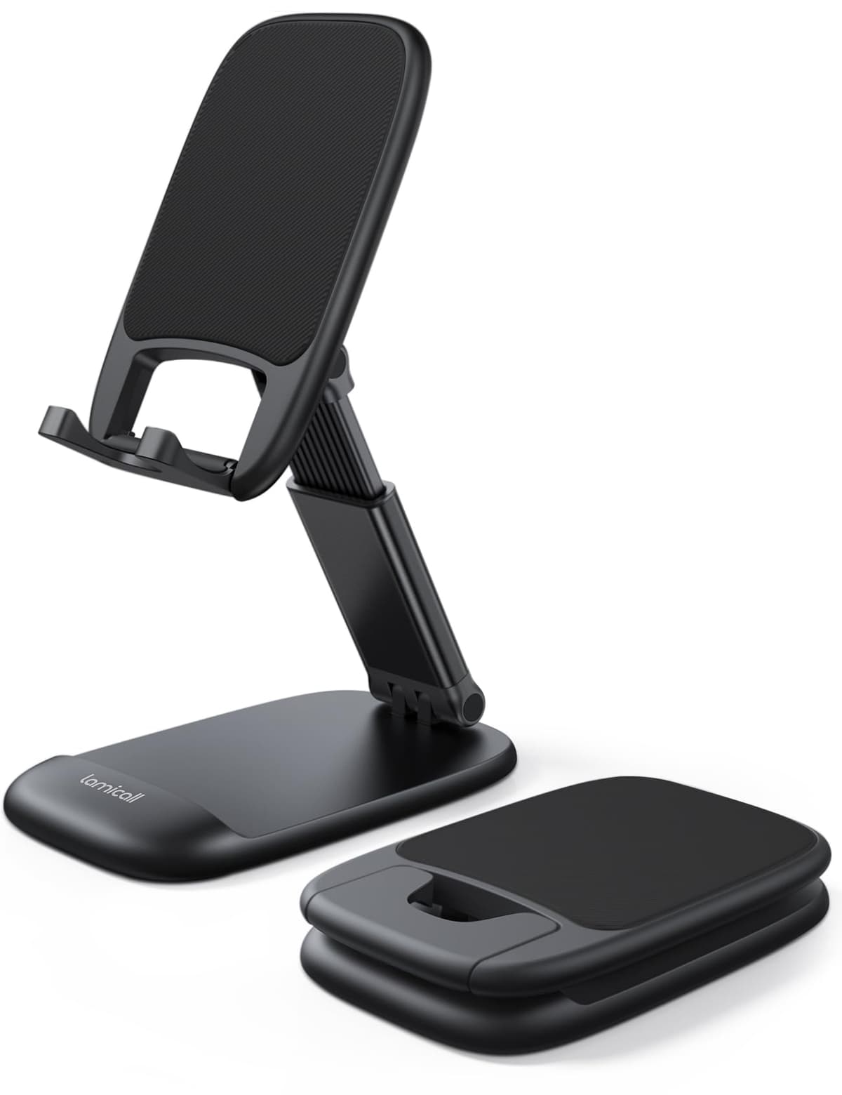Lamicall Foldable Phone Stand for Desk - Height Adjustable Phone Holder Cradle Dock for iPhone 17 16 15 14 Pro Max Plus Air, 13 12 Pro Max Mini, 11 Pro, Xs, XR, X, 8, Samsung S23, 4"-8" Mobile Phones Black
