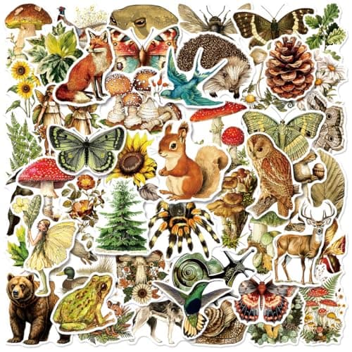 50 Pcs Vintage Flora & Fauna Forest Stickers, Waterproof Vinyl Retro Nature Decals for Laptop Skateboard Luggage, Classic Woodland Creature & Plant Stickers Gift for Kids Teens Adults (Flora Fauna)