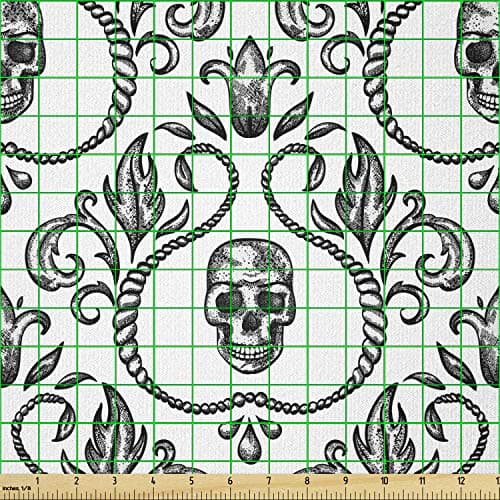 Lunarable Skull Fabric by The Yard, Vintage Ornamental Skeleton Part Baroque Style Illustration Floral Arrangement, Stretch Knit Fabric for Clothing Sewing and Arts Crafts, 1 Yard, Ivory and Black