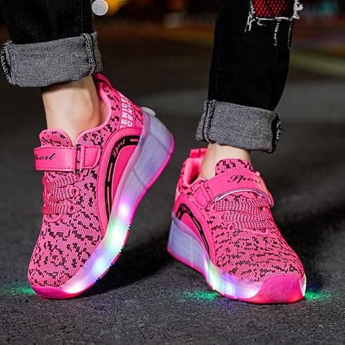 Ufatansy Roller Shoes Girls Boys USB Rechargeable Roller Skate Shoes Light Up Wheels Sneakers Kids(Red, 3 M US = CN 34)