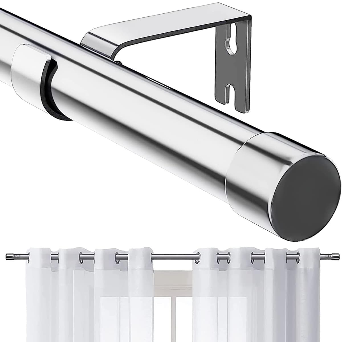 Barra de Cortina, 76-308cm Barra para Cortinas Extensible con Soportes, 16 mm de Diámetro Barra de Cortina Juego Ajustable de Herrajes de Acero Inoxidable Decorativa para Dormitorio/Plata