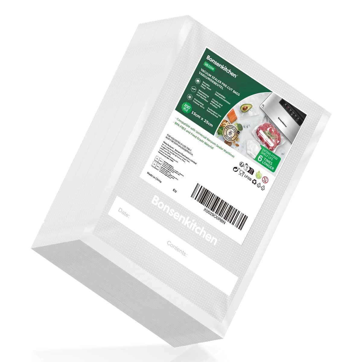 Bonsenkitchen Bolsas de vacío para alimentos 15x25 cm 100 Bolsas para Máquina de Vacío - Bolsas de vacío gofradas para almacenar y cocinar alimentos y hervibles, VB3204