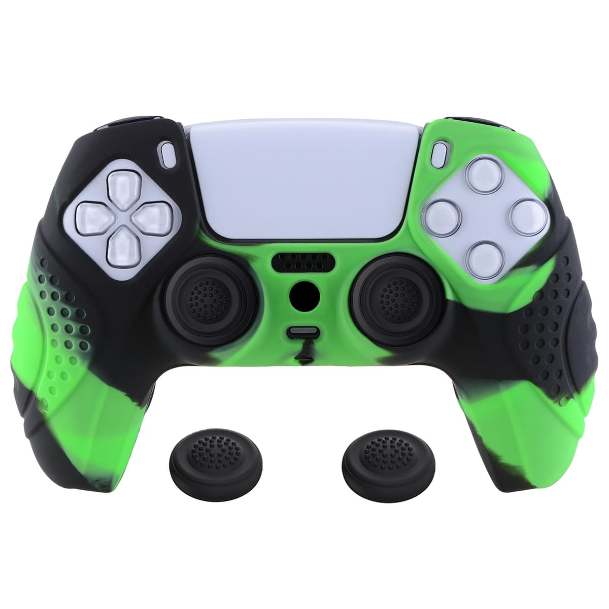 eXtremeRate PlayVital Guardian Edition Ergonomic Soft Anti-Slip Controller Silicone Case Cover for ps5, Rubber Protector Skins with Black Joystick Caps for ps5 Controller - Green & Black