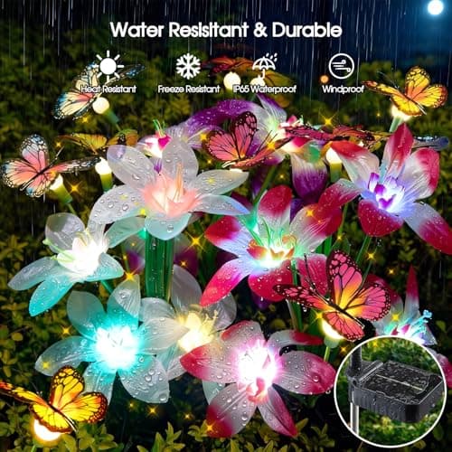 Garpar Solar Flower Lights Outdoor 4 Pack, 16 Lilies and 12 Butterflies