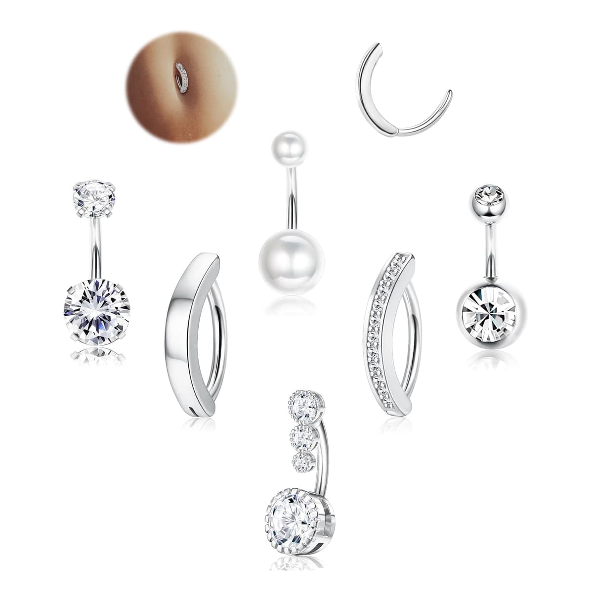 FIOROYAL 6Piezas Piercings Ombligo para Mujeres, 14G Piercing Ombligo Acero Quirurgico, Piercing Ombligo Oro/Plata, CZ Clicker Chapados Piercing Ombligo