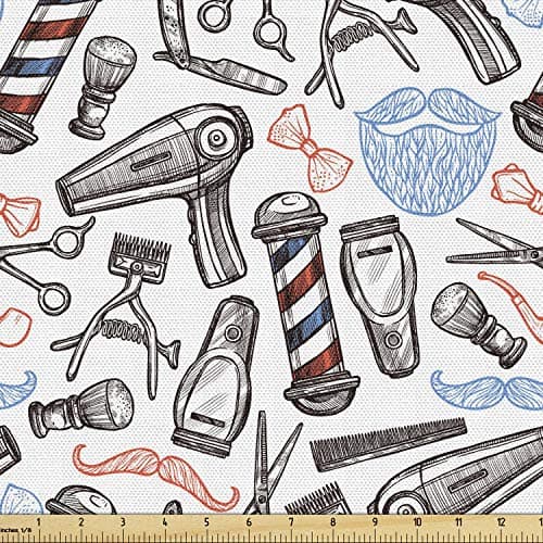 Lunarable Retro Fabric by The Yard, Barber Shop Accessories Monochrome Doodle Style Composition and Beard with Mustache, Decorative Fabric for Upholstery and Home Accents, 1 Yard, Blue Red