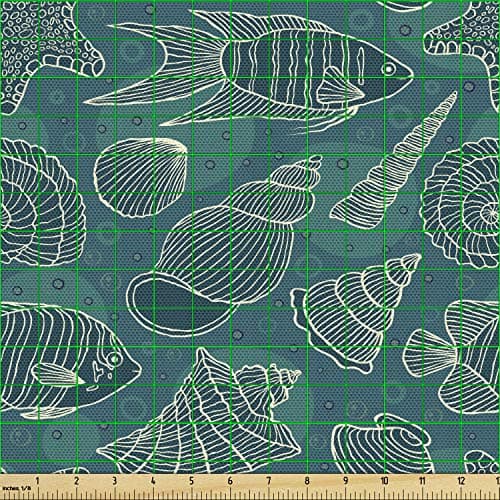 Ambesonne Sea Shells Fabric by The Yard, Nautical Ocean Pattern Underwater World Sea Life Theme Sketch Style, Decorative Fabric for Upholstery and Home Accents, 2 Yards, Petrol Blue