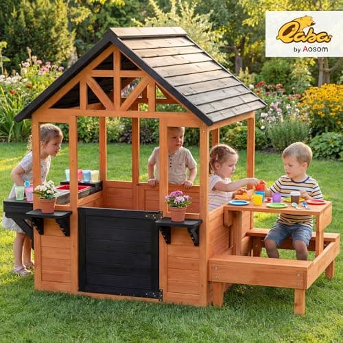Qaba Outdoor Playhouse for Kids, Wooden Garden Games Cottage with Table, Benches, Sink Table, Snack Bar Window and Flowerpot Holders, for Ages 3-8, Light Brown