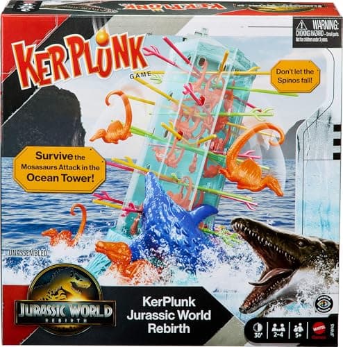Mattel Games Kerplunk Jurassic World Rebirth Game for Kids & Family with Ocean Tower and Spinosaurus Figures Inspired by the Movie.