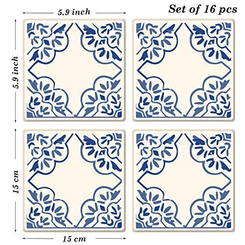 Poromoro Spanish Portuguese Azulejo Style Peel and Stick Backsplash Tile Stickers Set of 16 pcs(5.9_21)