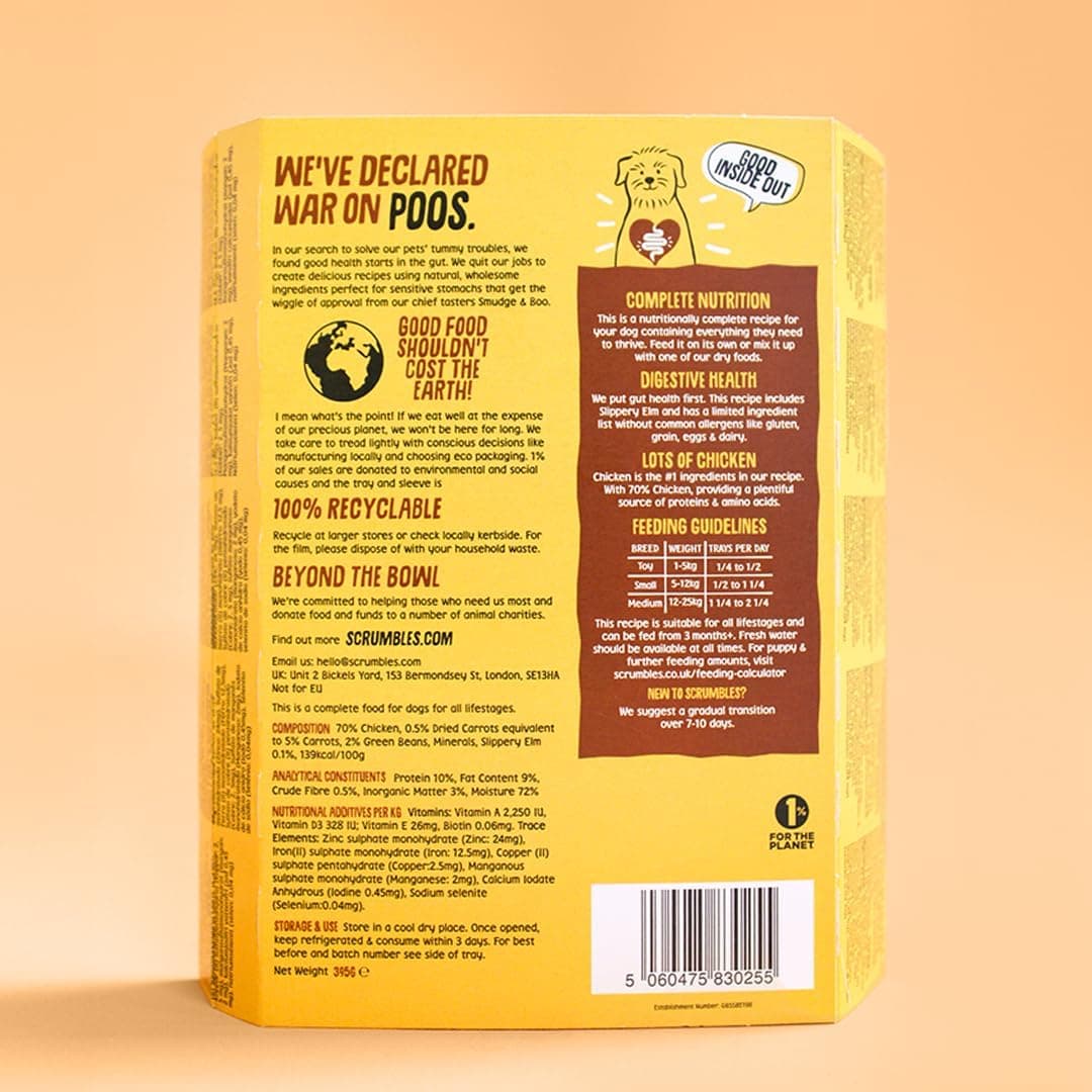 Scrumbles Natural Wet Dog Food, Grain Free Recipe with 70% Chicken and Slippery Elm, 7x 395g,package may vary