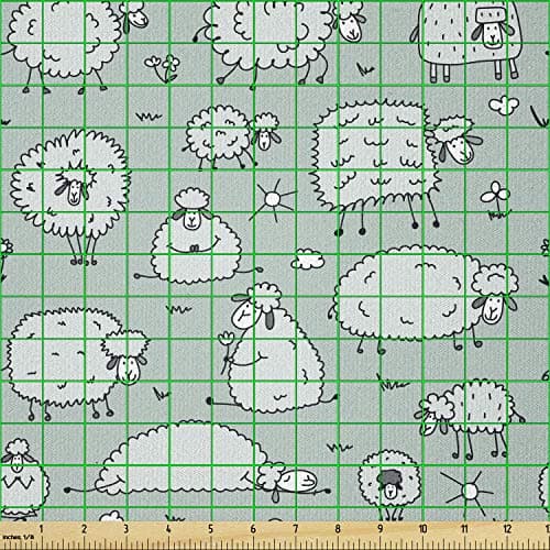 Ambesonne Cartoon Fabric by The Yard, Funny Animals Flock of Sheep Sitting and Sleeping Doodle Art, Stretch Knit Fabric for Clothing Sewing and Arts Crafts, 2 Yards, Pale Grey Green