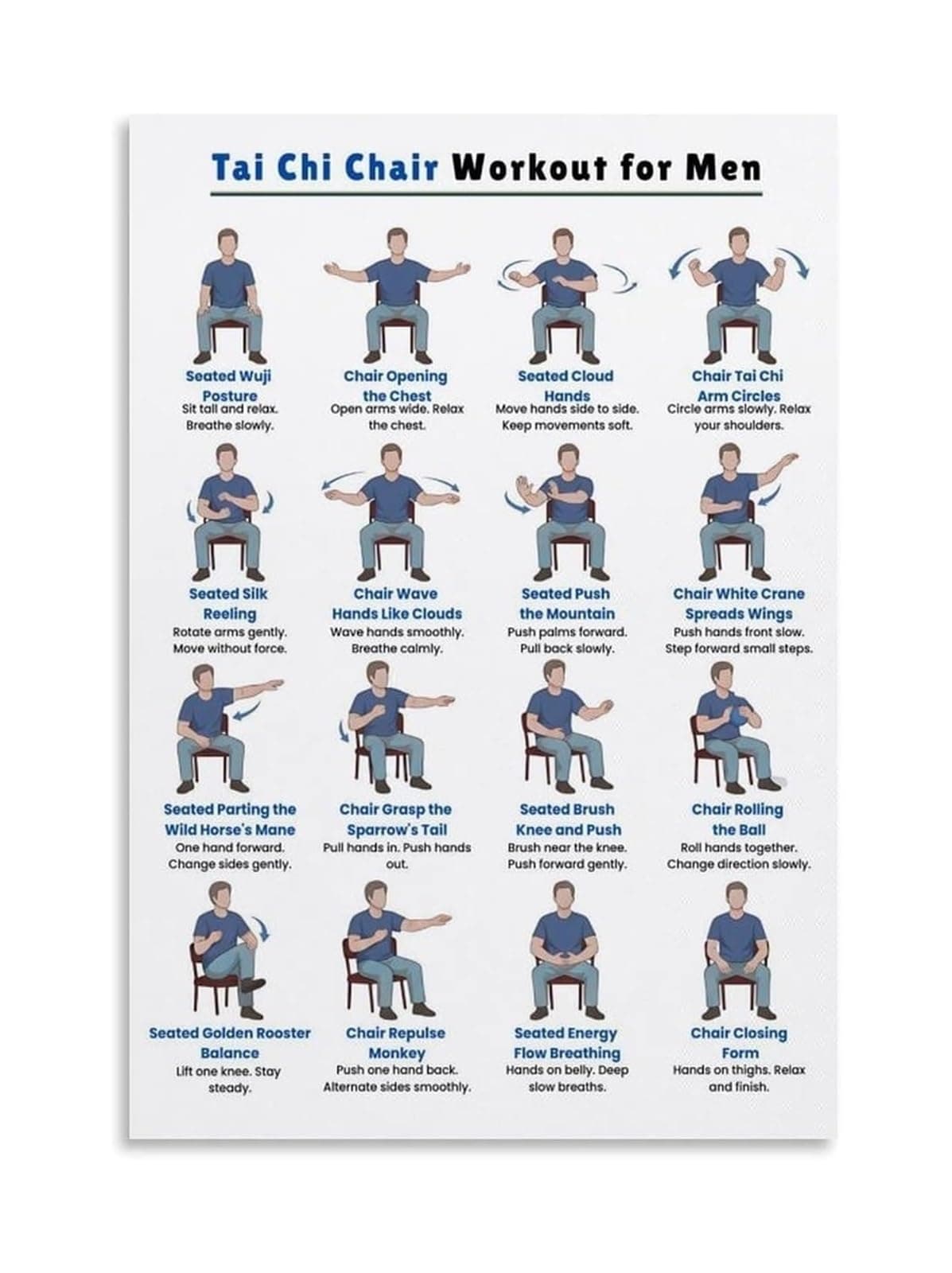 Tai Chi Chair Workouts for Men Poster, Exercise Chart Wall Art for Home Gym, Office, Studio Decor(Unframed,16X24inch(40X60cm))