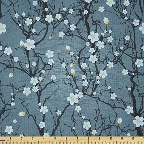 Lunarable Floral Fabric by The Yard, Sakura Tree Branches Pale Japanese Cherry Blossom Spring Form, Microfiber Fabric for Arts and Crafts Textiles & Decor, 3 Yards, Blue Black