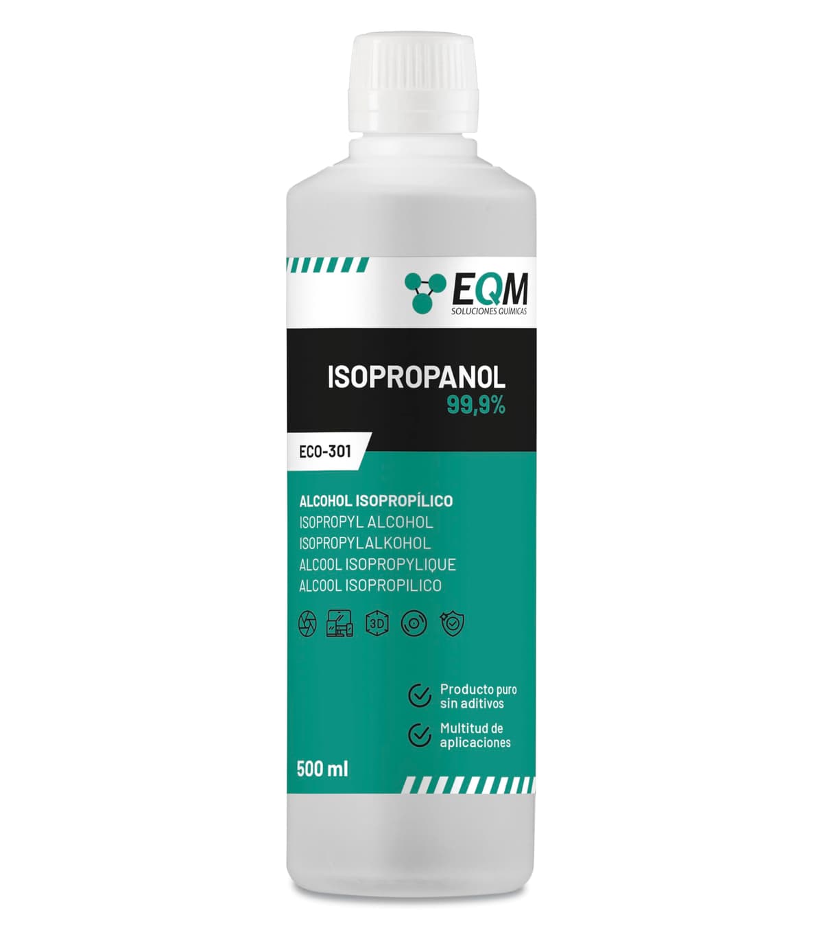EQM - ECO-301 - Alcohol Isopropílico 99,9% - 500 ML - Isopropanol - Limpieza componentes electrónicos, objetivos y pantallas - Limpieza de resinas en impresión 3D - Limpiacristales y desengrasante