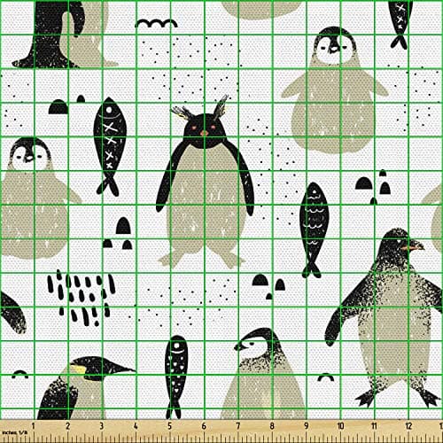 Lunarable Penguin Fabric by The Yard, Shower Theme Sketch Penguins North Pole Animals with Grunge Effect, Decorative Fabric for Upholstery and Home Accents, 2 Yards, Beige Ink