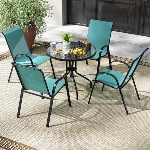 COSTWAY Patio Dining Chairs Set of 4, Stackable Outdoor Chairs with Armrest and High Back, Breathable Fabric & Metal Frame Chair for Garden Poolside Backyard Deck (Turquoise)