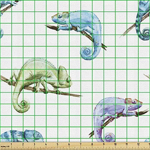 Ambesonne Chameleon Fabric by The Yard, Jungle Fauna Vivid Pattern with Colorful Reptile Animal on Branches, Decorative Fabric for Upholstery and Home Accents, 1 Yard, Blue Green