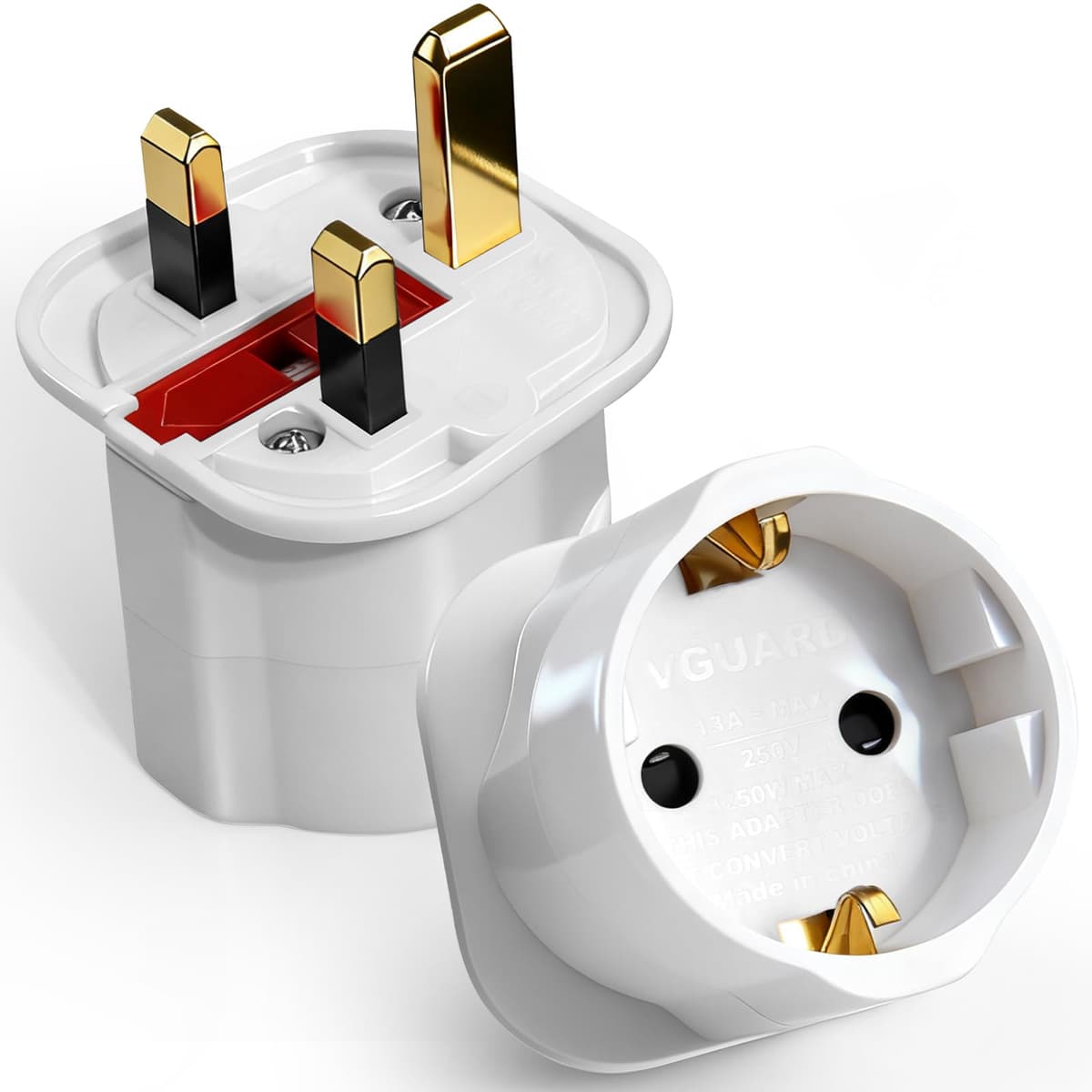 VGUARD European to UK Plug Adaptor, BS8546 Certified Travel Adapter 2-Pin to 3-Pin, EU Schuko to UK Plug with 13A Fuse for Europe French Spanish German Turkish to UK Socket, 1 Pack - White