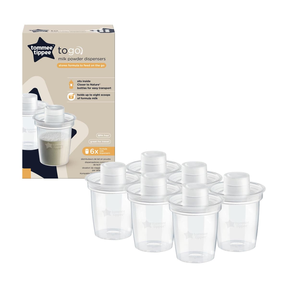 Tommee Tippee Milk Powder Dispensers, 6 Pack of Formula Powder Dispensers, Holds up to 8 Scoops of Formula, Travel Friendly and Space Saving