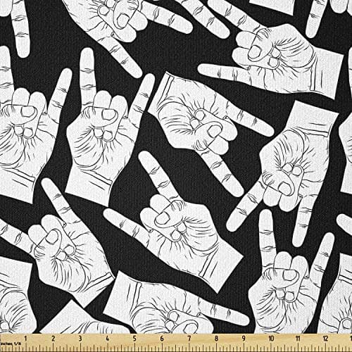 Lunarable Rock and Roll Fabric by The Yard, Horn Hand Gestures Contemporary Show Time Concert Hard Music Theme Print, Stretch Knit Fabric for Clothing Sewing and Arts Crafts, 1 Yard, White and Black