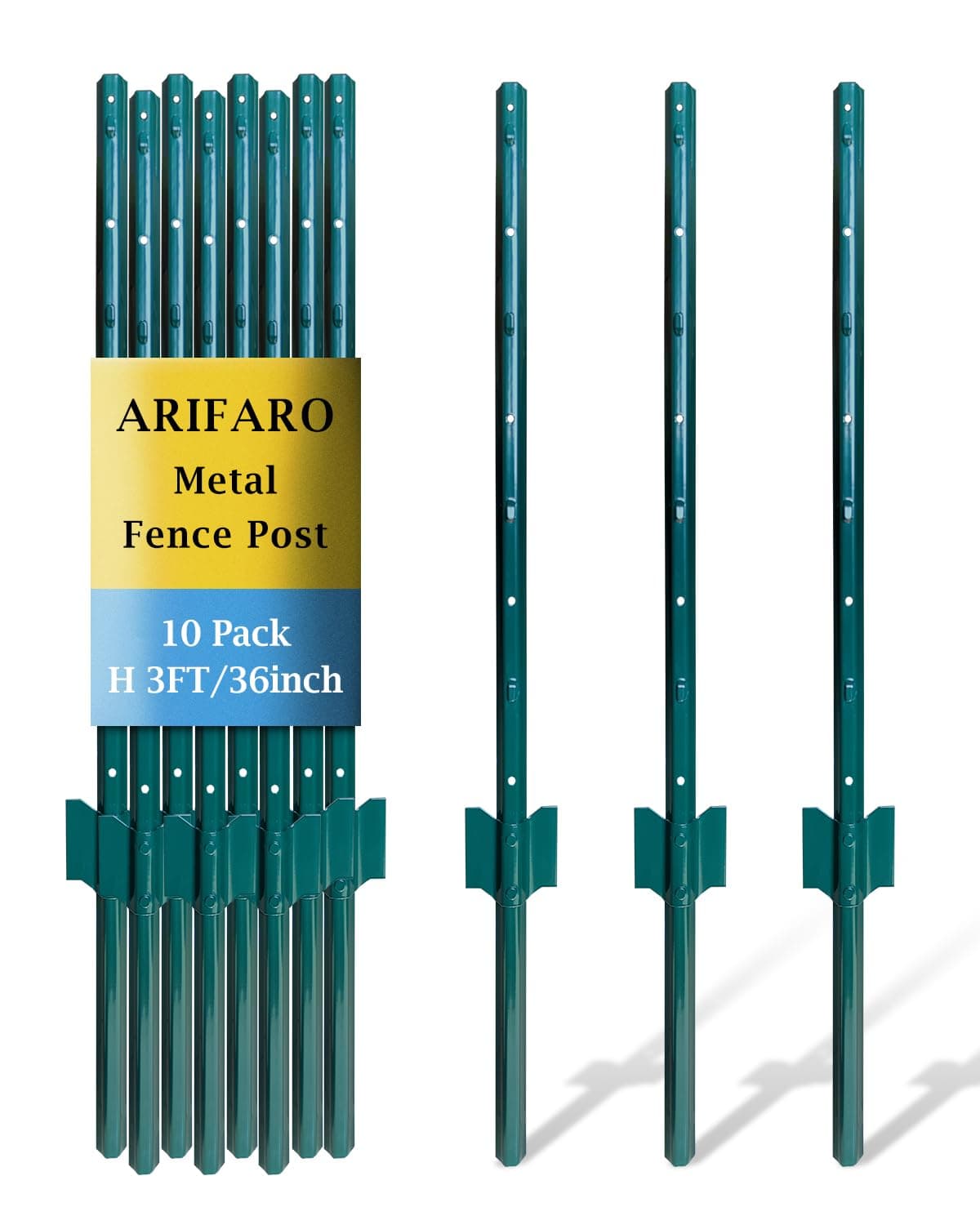 ARIFARO Metal Fence Posts 91cm / 3ft, Pack of 10, Sturdy Duty No Digging Garden U Post for Wire Fencing Steel Poles for Yard, Outdoor Wire