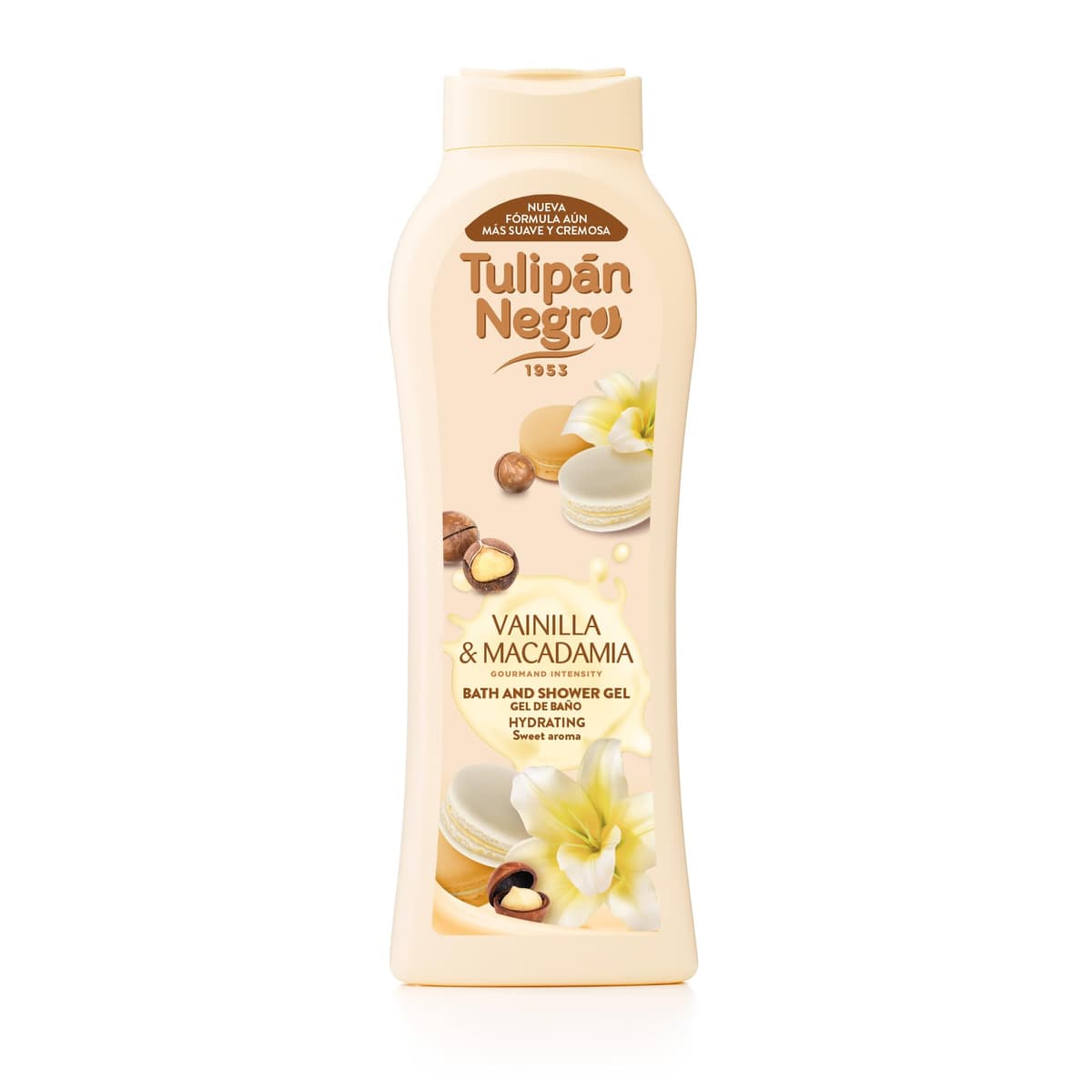 Tulipán Negro - Gel de Baño Vainilla y Macadamia, Nutritivo e Hidratante con Extracto de Vainilla y Aceite Hidrosoluble de Macadamia, Gel de Ducha con Fragancia Dulce y Cremosa, 650 ml