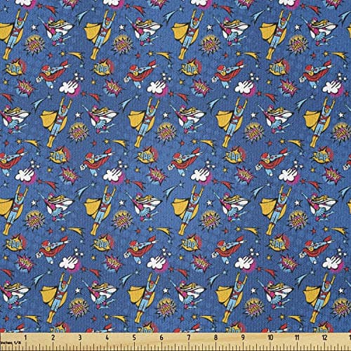 Lunarable Superhero Fabric by The Yard, Flying Superhumans Male Female Super Heroine Fiction Comics Graphic, Stretch Knit Fabric for Clothing Sewing and Arts Crafts, 1 Yard, Yellow Blue