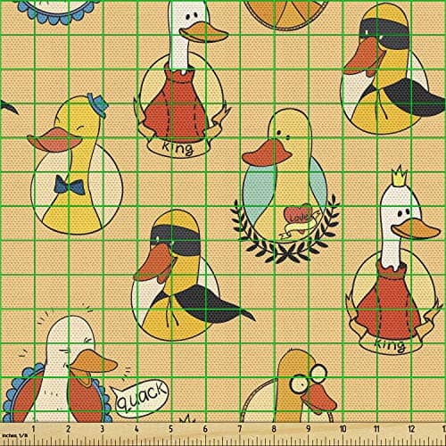 Lunarable Geese Fabric by The Yard, Colorful Pattern 6 Animal King Love Hero Goose Twig Funny Design Print, Decorative Fabric for Upholstery and Home Accents, 1 Yard, Peach Yellow
