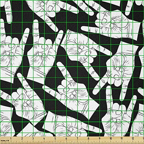 Lunarable Rock and Roll Fabric by The Yard, Horn Hand Gestures Contemporary Show Time Concert Hard Music Theme Print, Stretch Knit Fabric for Clothing Sewing and Arts Crafts, 1 Yard, White and Black