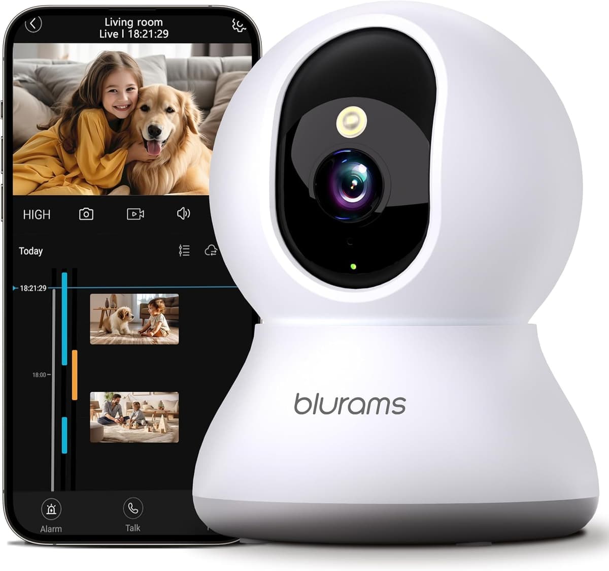blurams Security Camera, 2K Indoor Camera 360-degree Pet Camera for Home Security w/ Motion Tracking, Phone App, 2-Way Audio, IR Night Vision, Siren, Works with Alexa & Google Assistant,White