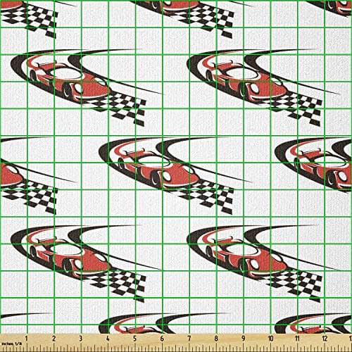 Ambesonne Cars Fabric by The Yard, Speeding Fast Red Race Car on a Formula Rally Near The Finishing Line Wining, Stretch Knit Fabric for Clothing Sewing and Arts Crafts, 1 Yard, Scarlet Black White