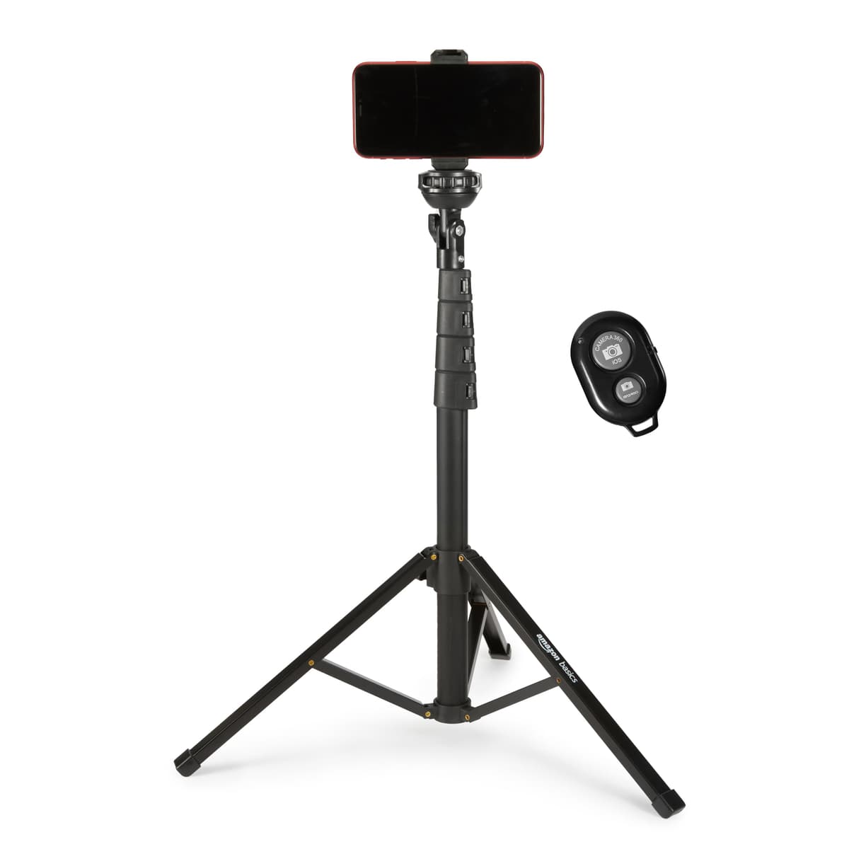 Amazon Basics Trípode y Paloselfi Extensible para Teléfono de 162cm/64in, con Mando a Distancia Inalámbrico, Negro
