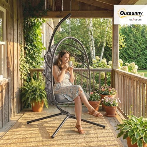 Outsunny Hanging Egg Chair with Stand, Foldable Wicker Rattan Swing Chair with Thick Cushion and Safety Rope for Patio Garden, Supports 264 lbs, Dark Grey