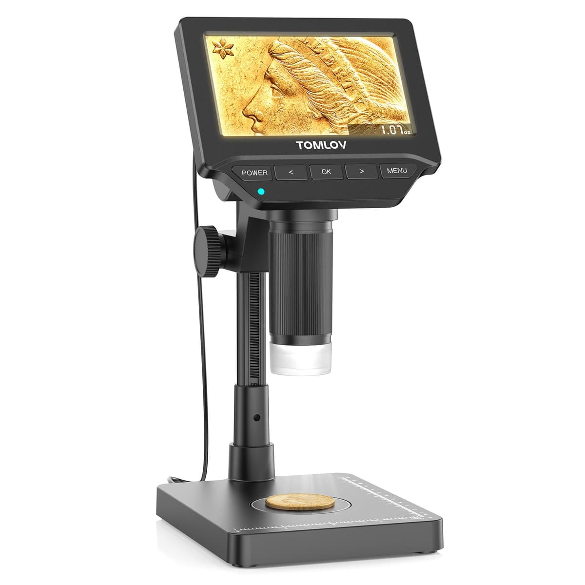 TOMLOV DM4W Digital Microscope with Scale: Coin Microscope with 4.3" IPS Screen, Coin Magnifier with Light, Precise Scale for Collectors, Jewelers, Compatible PC/Mac